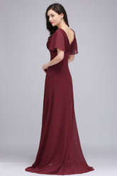 A Line Ruffle Sleeves Chiffon V-Neck Long Bridesmaid Dress-27dress